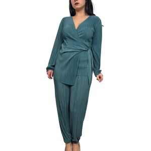 Zara Teal Faux Wrap Top & Pants Set in Ribbed Lightweight Material